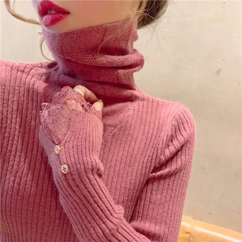 

Elegant Pile Collar Solid Color Spliced Lace T-Shirt Women's Clothing 2023 Autumn Winter Slim Korean Tops Office Lady Tee Shirt