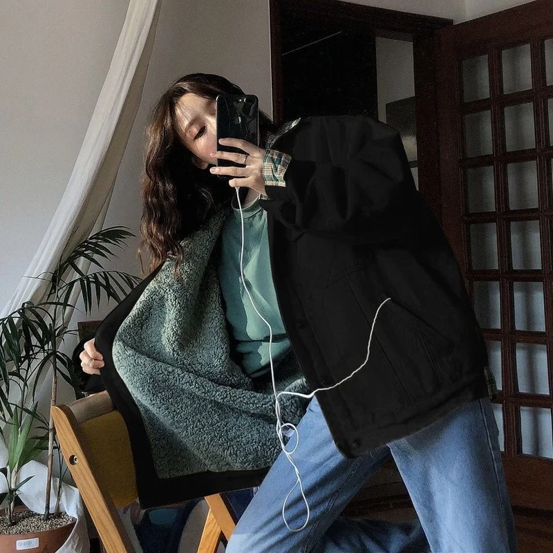 2024 New Plus Velvet Padded Autumn and Winter Padded Jacket Korean Jacket Stitching Jacket Student Long-sleeved Jacket Female