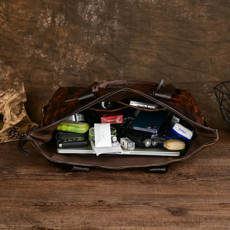 Vintage Leather Travel Tote for Men, Handcrafted with Top Layer Cowhide and Multiple Functions
