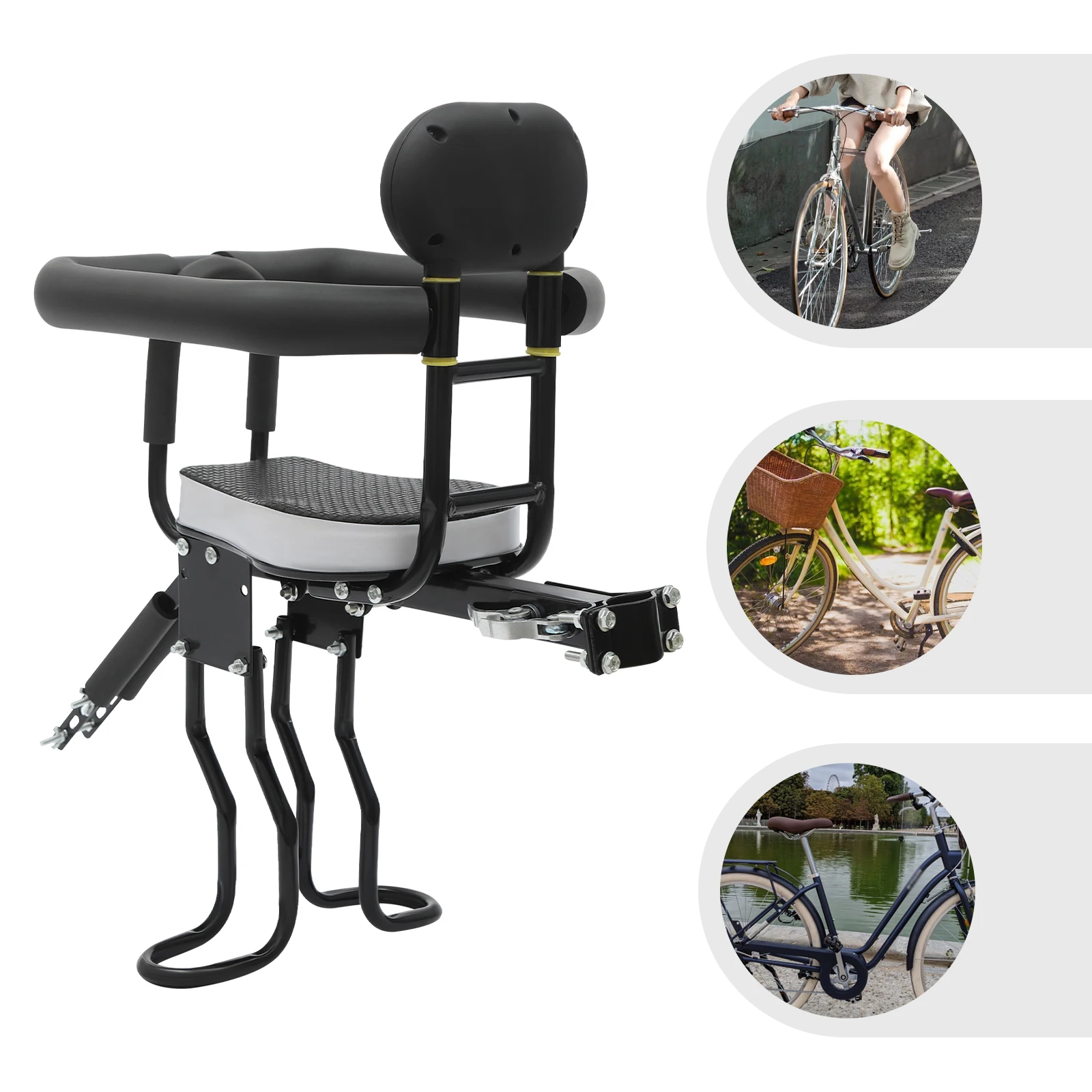 Front-Mounted Steel Child Bike Seat, Adjustable Pedals, and Safety Handrail for Toddlers (1–5 Years)