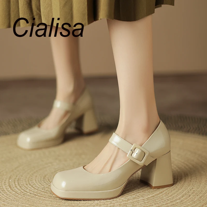 

Cialisa Women Pumps 2023 Autumn Genuine Leather Shoes Square Toe Buckle Strap Dress Handmade Ladies High Heels Shoes 40 Apricot