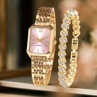 2PCS Fashion Rectangle Women Quartz Watch Rhinestone Bracelet Set Ladies Roma Dial Wristwatch Reloj Mujer Girls Clock Gift 3