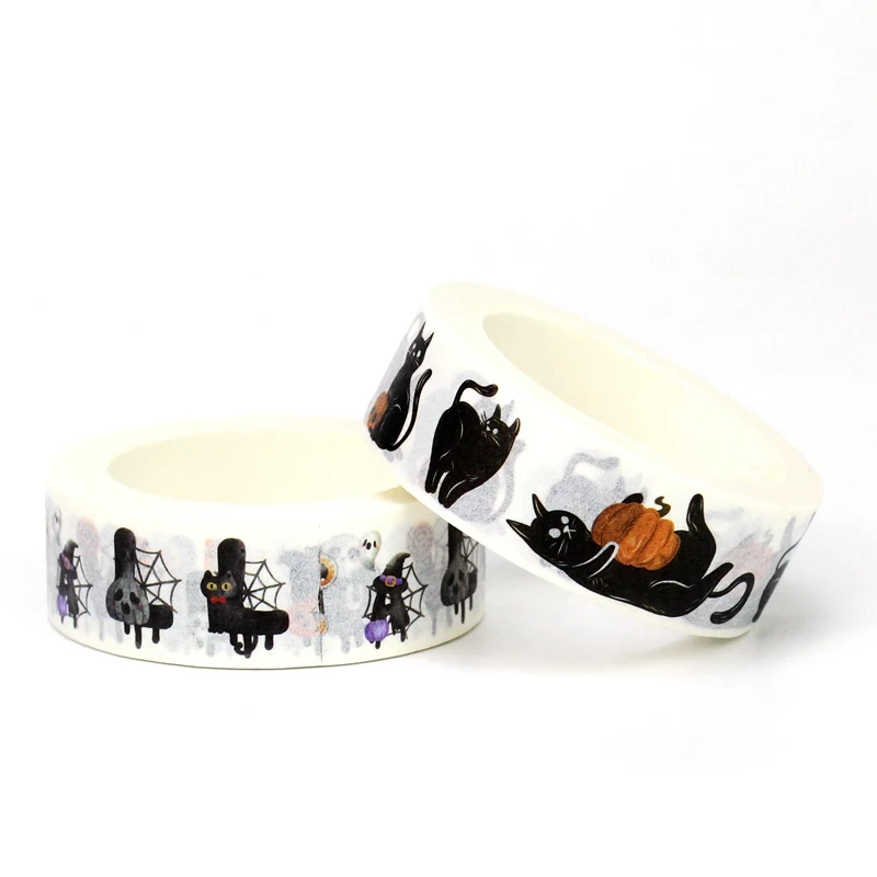 2024 NEW 1pc 10M Deco Bat Skull Black Cat Haunted House Halloween Masking Washi Tape for Scrapbooking Cute Journal Stationery 5