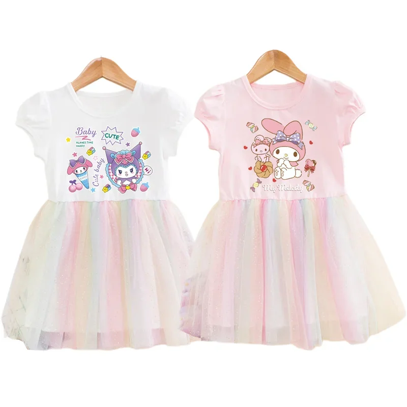 

Sanrios Kuromi My Melody Girls Dress Anime Cartoon Cute Printing Children Summer Party Clothing Short Sleeve Yarn Skirt
