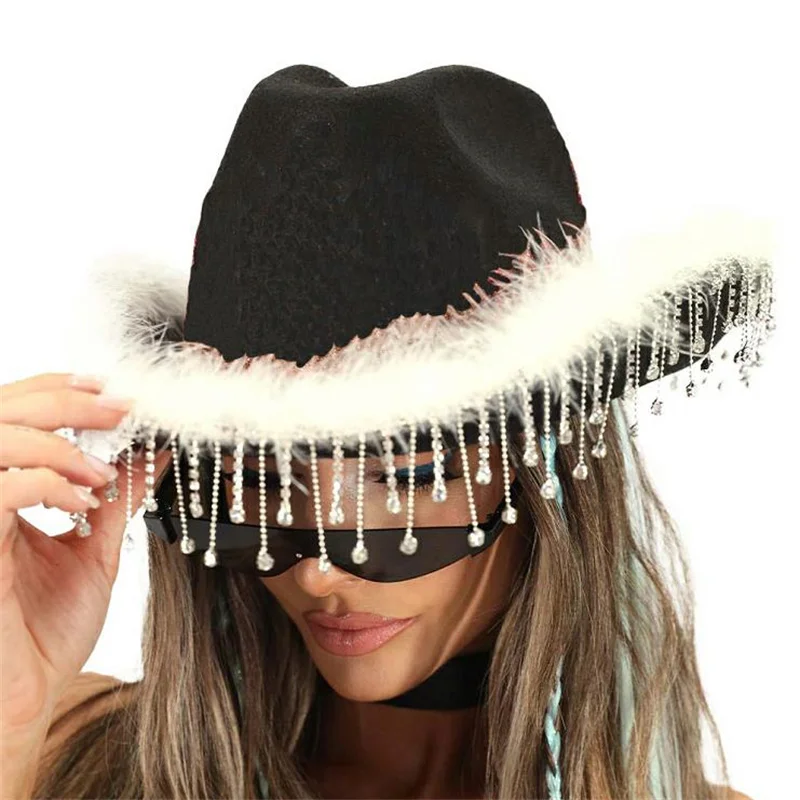 CHRONSTYLE Rhinestones Tassels Cowboy Hat Party E-girls Casual Outwear Feather Patchwork Caps Vintage Elegant Hats Clubwear,cowboy hats