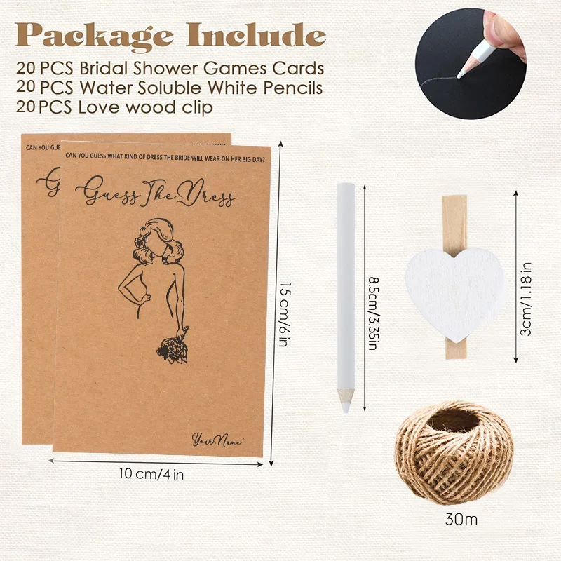 10/20Sets Guess Wedding Dress Up Game Card with Pens Clip Rope Bridal Shower Game for Guests Wedding Engagement Party Decoration