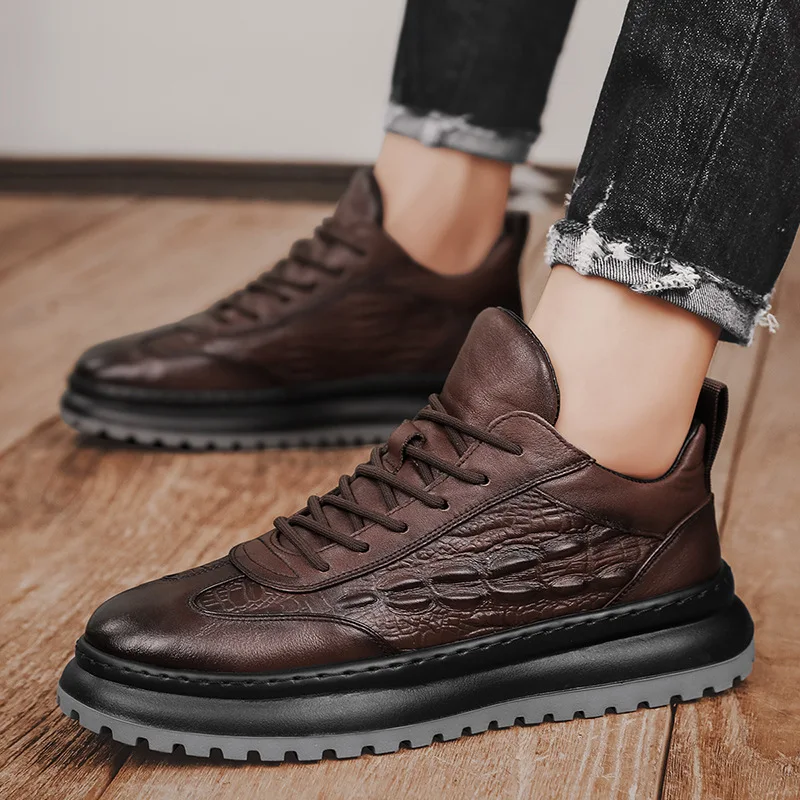 Men Faux Cowhide Crocodile Print Sneakers Casual Leather Shoes Men's Versatile Thick Soled Wear Resistant Shoes Men's Work shoes 3