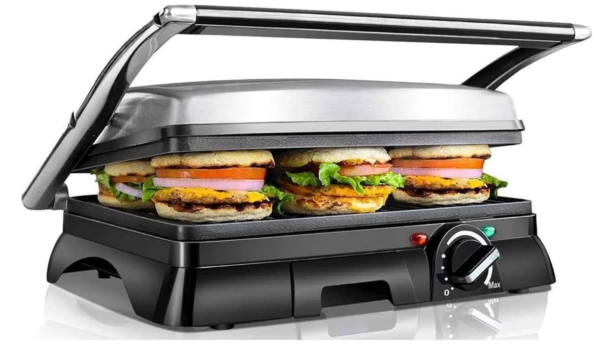 

Panini Press Grill, 4 Slice Panini Maker with Temperature Control, 3-IN-1 Sandwich Maker Indoor Grill, Removable Drip Tray