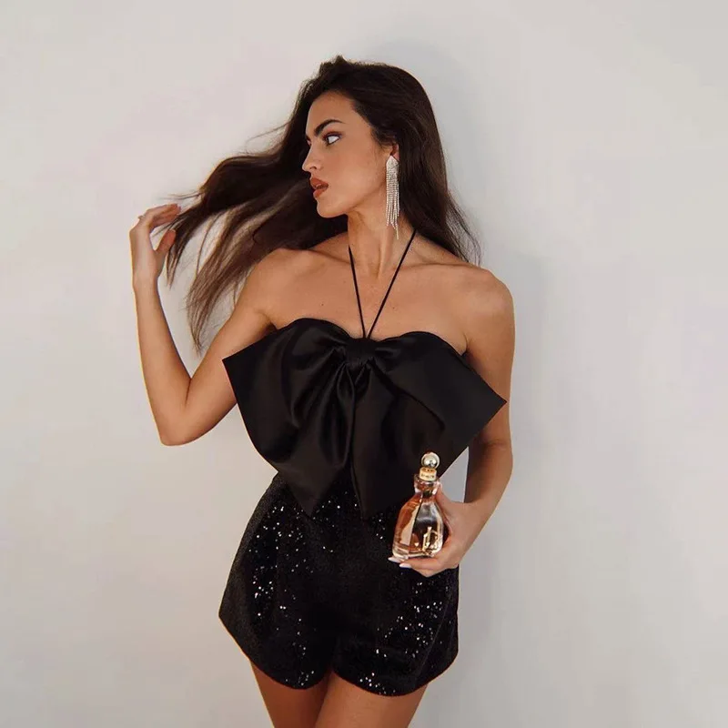 Bow Tie Top Black Sequins Jumpsuit Women Sexy Halter Party Shine Summer Backless Romper Sleeveless Club Playsuit Outfits