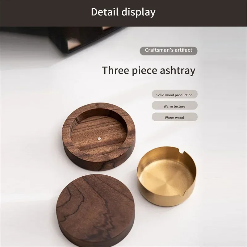 Walnut Wood Ashtrays With Lid Covered Windproof Ashtray Stainless Steel Liner Indoor Outdoor Ash Tray For Home wood ashtray