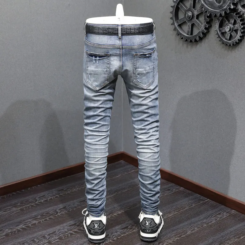 High Street Fashion Men Jeans Retro Blue Stretch Skinny Fit Ripped Jeans Men Leather Patched Designer Hip Hop Brand Pants Hombre