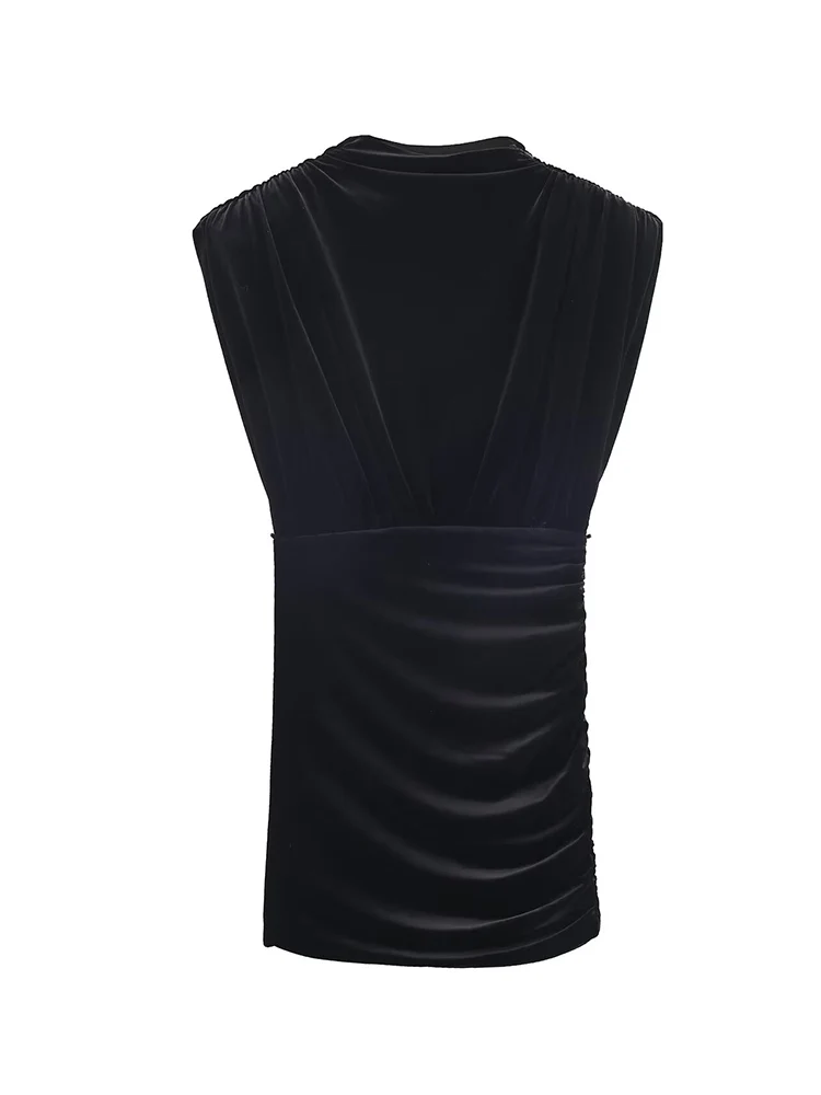 Fashion Velvet Mini Dress For Women Chic Slim Fit Sleeveless Evening Party Folds Dress With Shoulder Padded Winter New Elegant