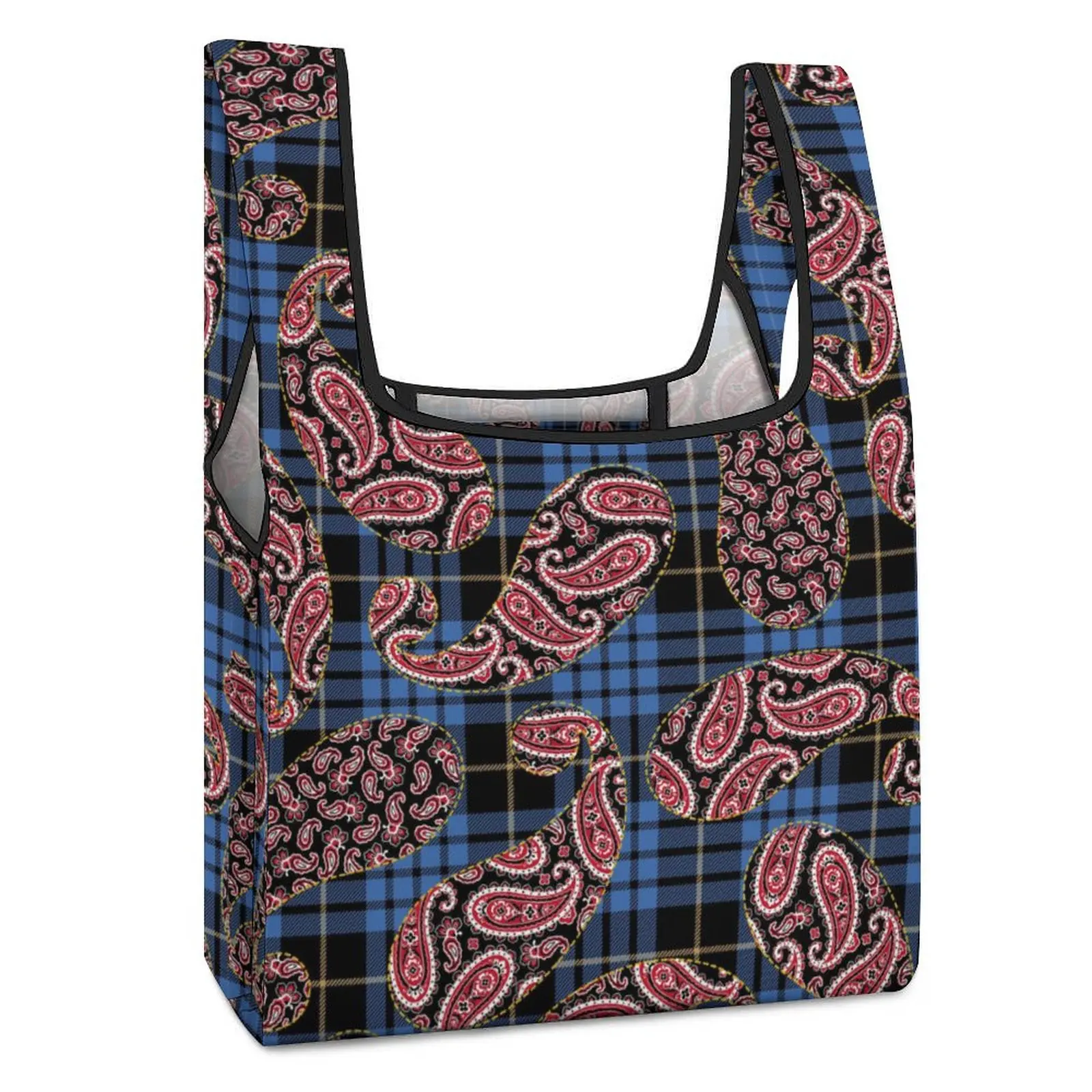 Customized Printed Collapsible Shopping Bag Double Strap Handbag Blue Check Print Tote Casual Woman Grocery Bag Custom Pattern men s wardrobe essentials slim fit windowpane suit tailor made navy blue windowpane check suits for men elegant business suit