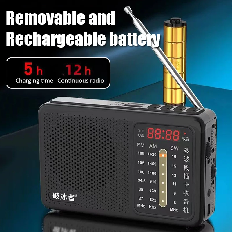 Portable Multi Band Radio Mini FM/AM/SW Receiver High Sensitivity Radio TF/USB MP3 Player with LED Digital Display/3.5mm Jack