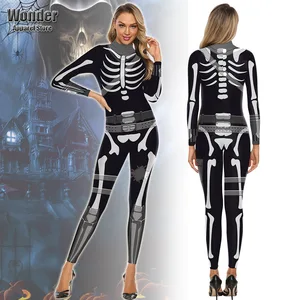 Women Men Black Skull Body Skeleton 3D Printing Jumpsuit Adult Halloween Cosplay Costumes Party Role Playing Dress Up Outfit