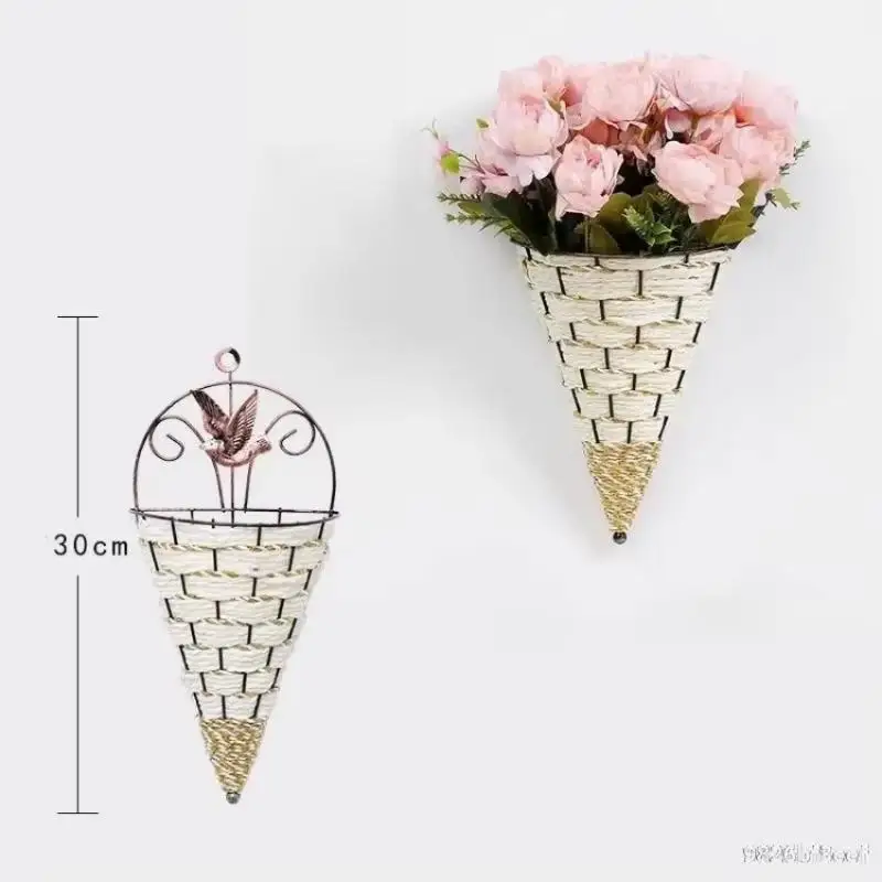 Fashion Home Decor Flower Basket Vase Rattan Wall Hanging Pot Planter Rattan Vase Basket Decor Wrought Iron Natural Wicker