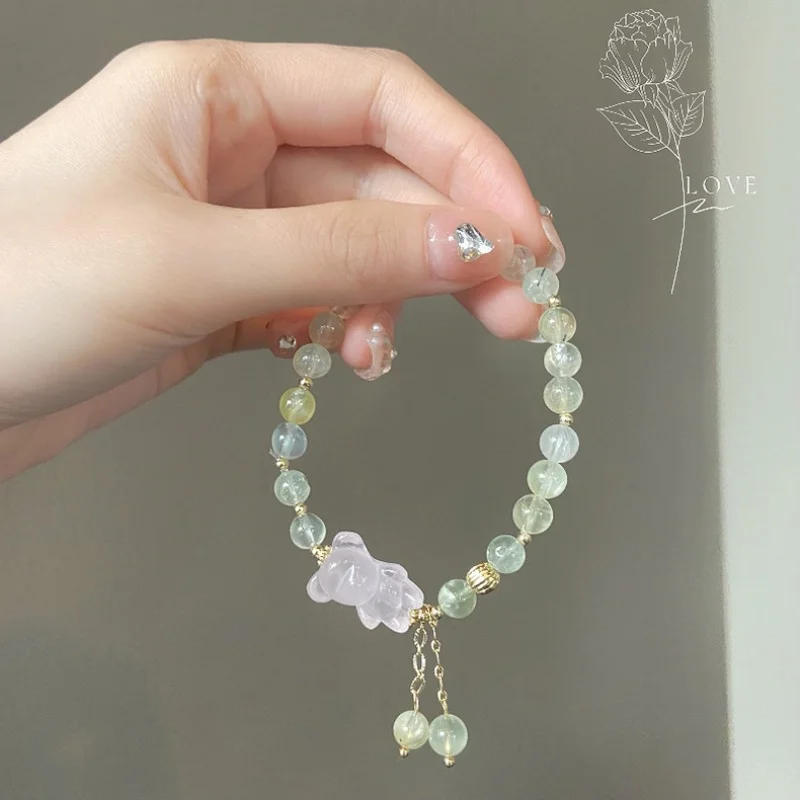 

Natural Prehnite Pink Crystal Beaded Super Fairy Ins Green Milk-in-Water Soft and Adorable Bear Bracelet Female Girlf