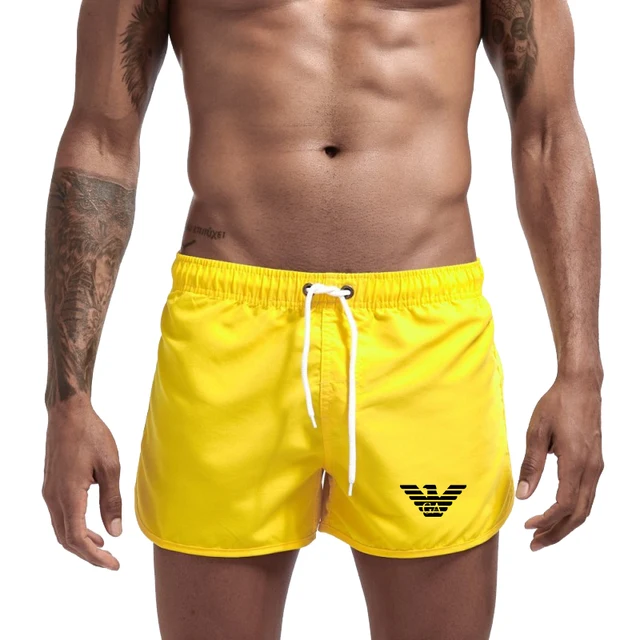 Summer Men's Beach Shorts New Simple Printed Fitness Sports Casual Elastic Waist Drawstring Male Surfing Board Short Pants S-3XL yellow