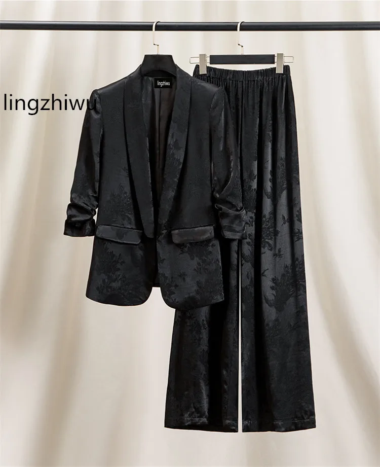 

lingzhiwu Black Acetate Pants Set Spring Autumn Chinese Style Top Quality Satin Casual Suit Female Blazer New Arrive
