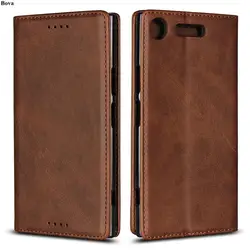 Leather Flip Wallet Case with Card Holder and Magnetic Closure for XZ1 Compact ( 4.6 ) (Brown)