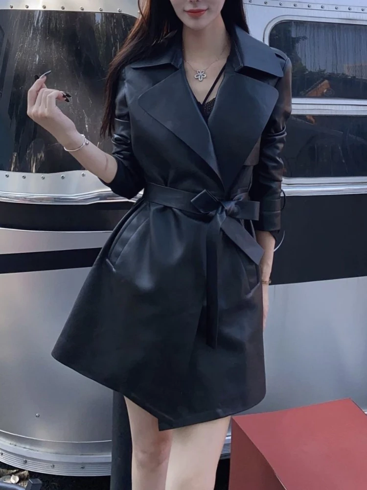 Autumn 2022 New Fashion Lace Up Waist Collection Leather Dress Mid Length Washed Sheepskin Windbreaker Coat