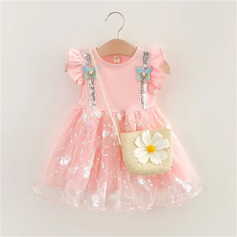 

Summer Toddler Girl Outfits Clothes Kid Dress Sleeveless Ruffle Butterfly Sequin Dress + Straw Bag Set Clothing
