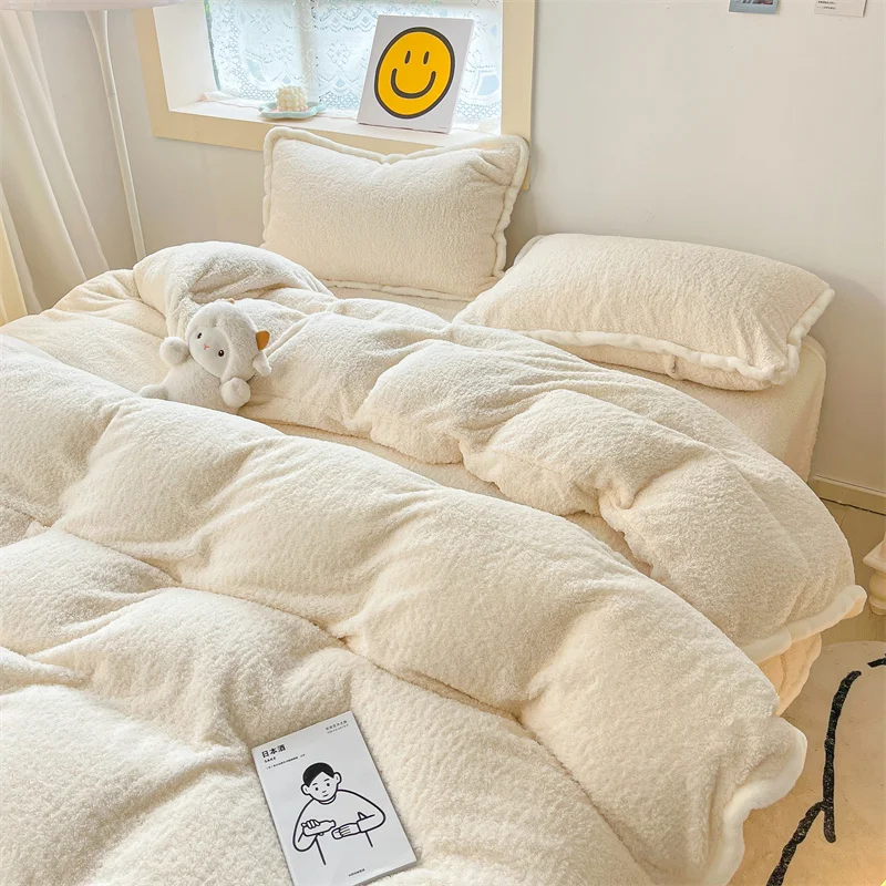 White Flannel Fleece Bedding Set Warm Winter Duvet Cover Pillowcases Flat Sheet Single Queen King Size 4Pcs