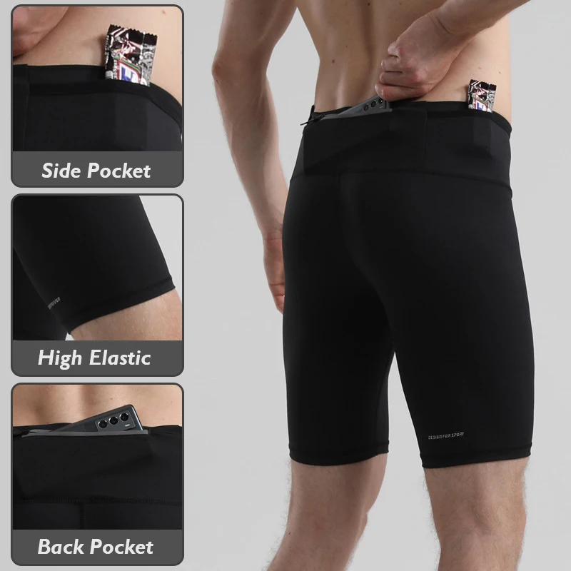 Men Waist Bag Compression Shorts Athletic Running Marathon Shorts Moisture-Wicking Quick Dry Water Rpellent Pocket Capris
