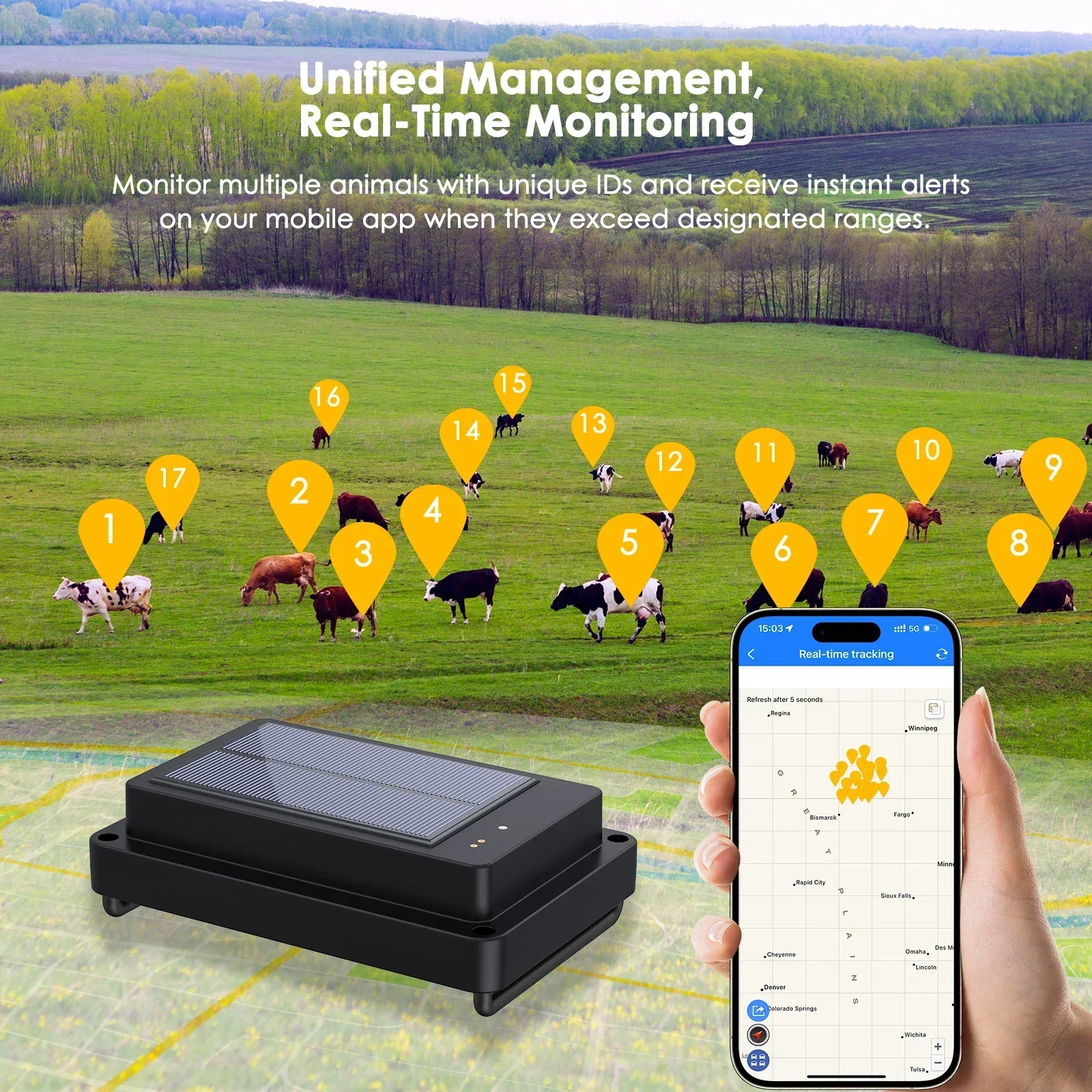 GPS Pet Locator Solar -Poweed Livestock GPS Tracker Readout 4G Anti-Lost Electronic Fence