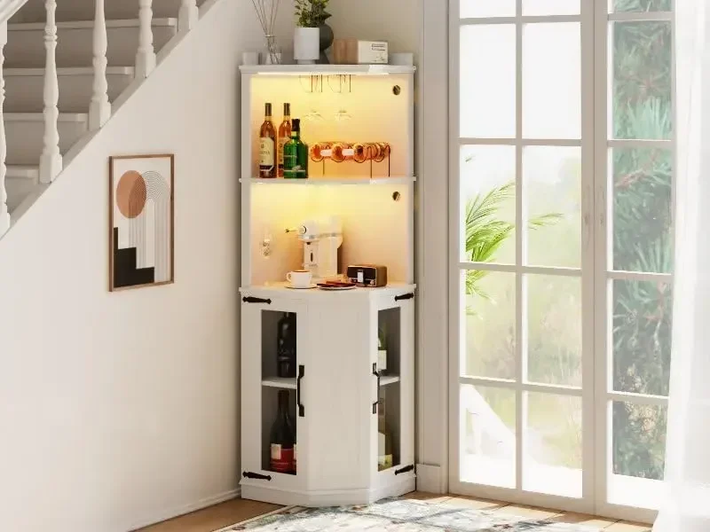 Tall Corner Bar Cabinet with LED Lights and Outlets