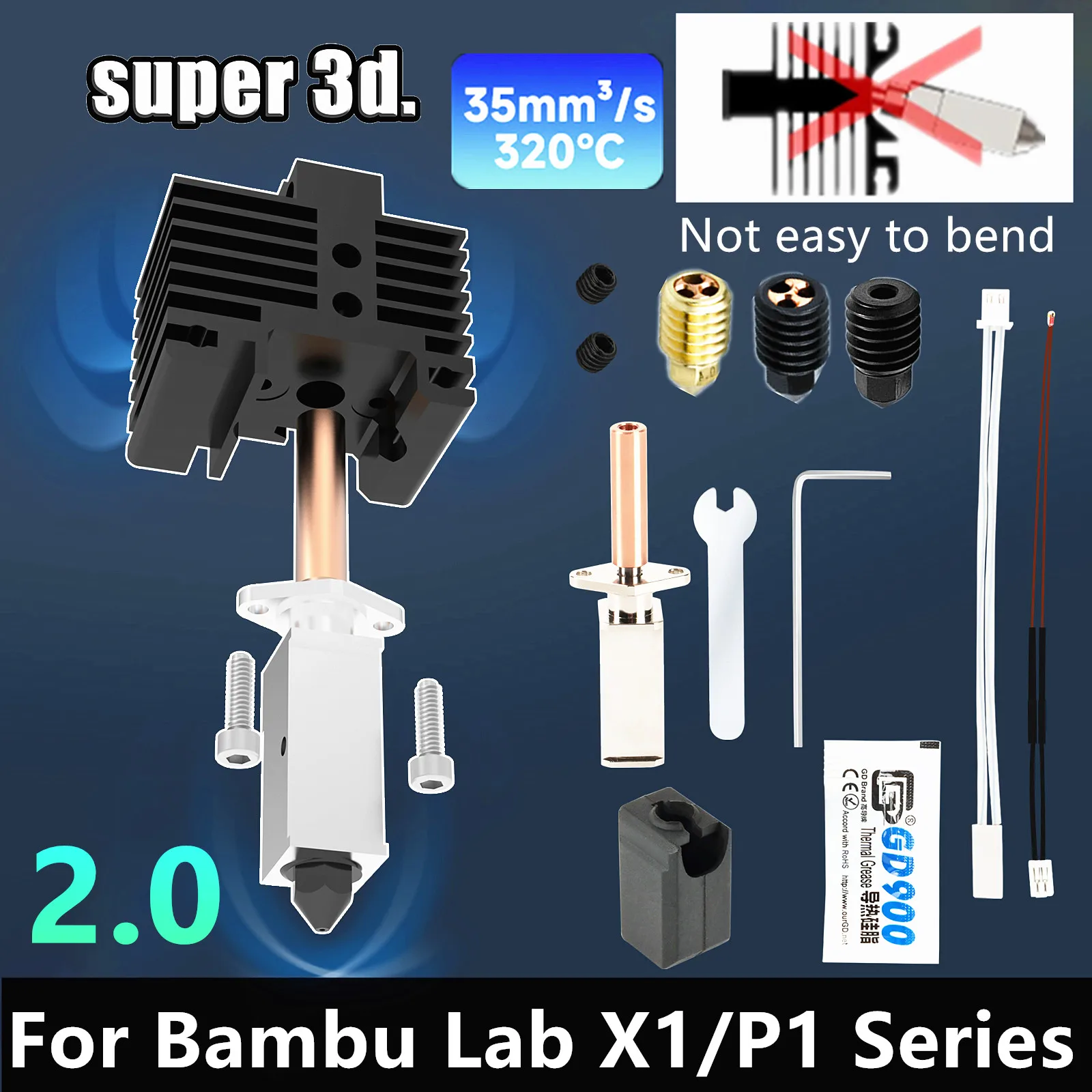 V2.0 Upgrade Bi-Metal Hotend Kit For Bambu Lab Hardened Steel CHT Nozzle Thermistor for Bambulabs X1 P1S P1P 3D Printer Extruder