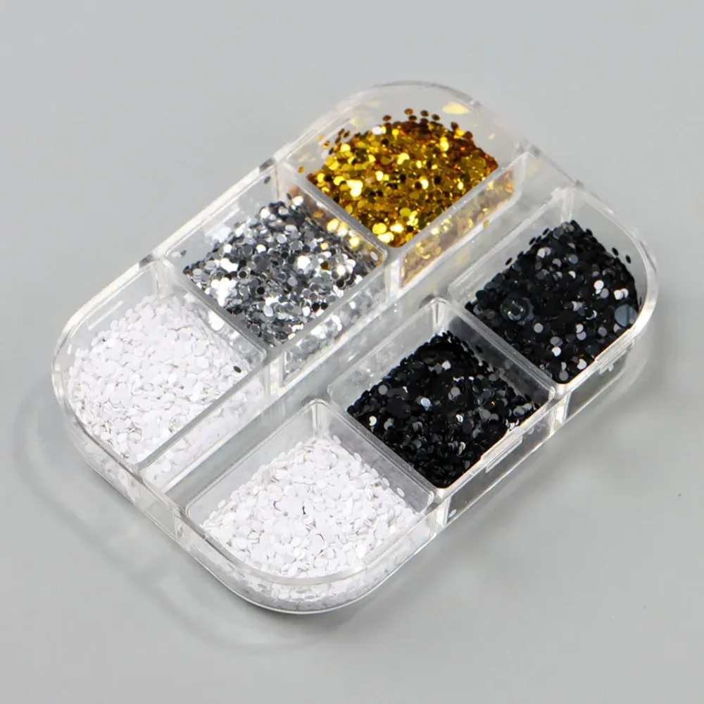 1 Box of 6 Grids 3D Mini Round Nail Sequin Kawaii Korean Black Dot Nail Art Flake Y2K Golden Silvery Shinny Charms Accessories