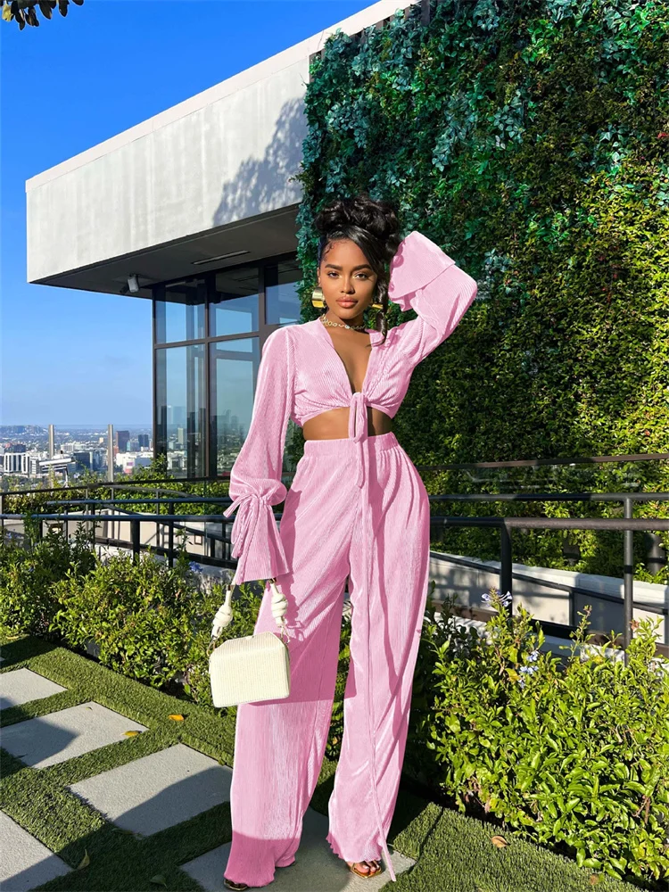 Wmstar Two Piece Set Women's Clothing Pants Sets Solid Ribbing