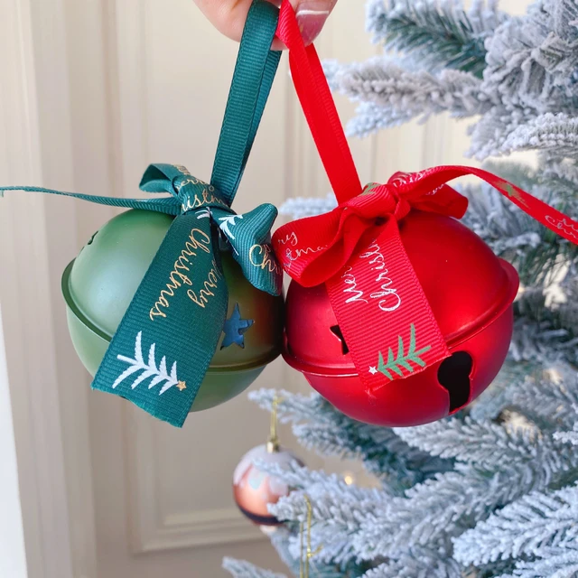 Christmas Jingle Bells Ornament 8cm Green Red Iron With Ribbon For