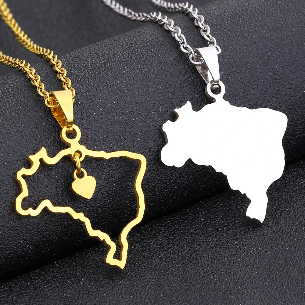 Coração brasil mapa pingente colar de aço inoxidável homem mulher ouro/cor  aço brasil país mapas jóias presente