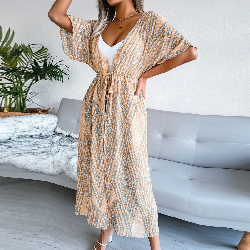 Casual Lace-up Vintage Print Long Shirt Cardigans Holiday Beach Sunscreen Shirts Women Summer Short Sleeve Sun Protection 20156 image