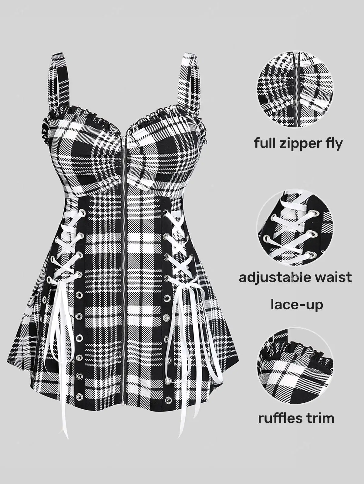 

ROSEGAL Plus Size Plaid Tanks Fashion Sweetheart Neck Front Full Zipper Ruffles Vests Women Summer Streetwear Lace Up Tops 5XL