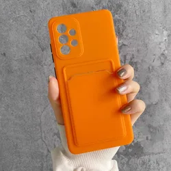 Luxury Silicone Wallet Card Holder Phone Case - Shockproof Soft Cover with Fine Hole Design - Galaxy S24 Ultra (Orange)