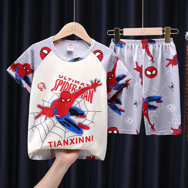 Pigiama estivo per bambini Set T-shirt a maniche corte Pigiama da notte Pigiama da cartone animato Spiderman per ragazzi 4