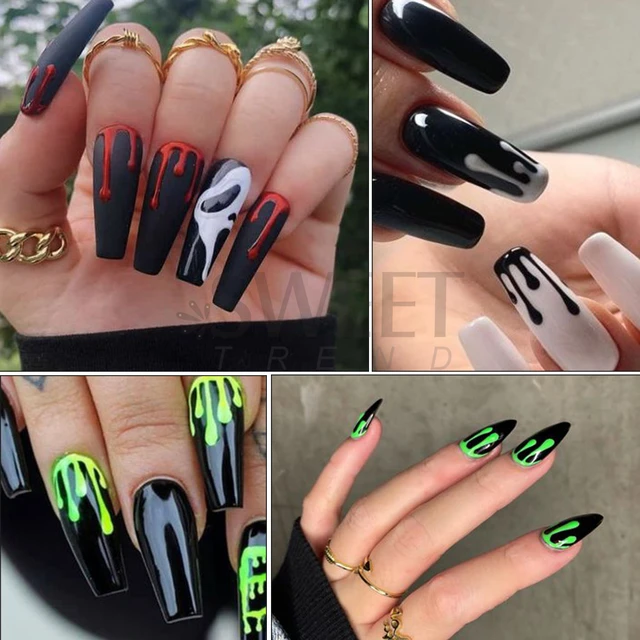 Halloween Black Ghost Long Ballet 80s Fake Nails Heart Blood Design Press  On Detachable Full Cover From Pang04, $8.77 | DHgate.Com