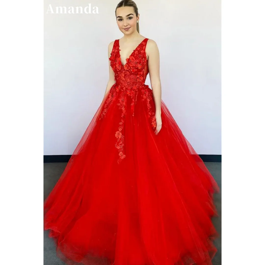 

Amanda Red Lace Appliques vestidos de noche Elegant Sleeveless A-line Prom Dresses Floor-Length Multilayer Tulle Formal Evening