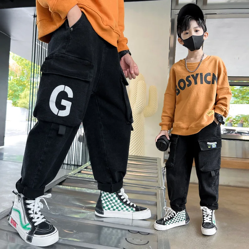 Black Jeans for Boy Big Pocket Elastic Waist Denim Cargo Pants Spring Fall  New Kids Loose Straight Trousers 5 6 7 8 10 11 12 14Y