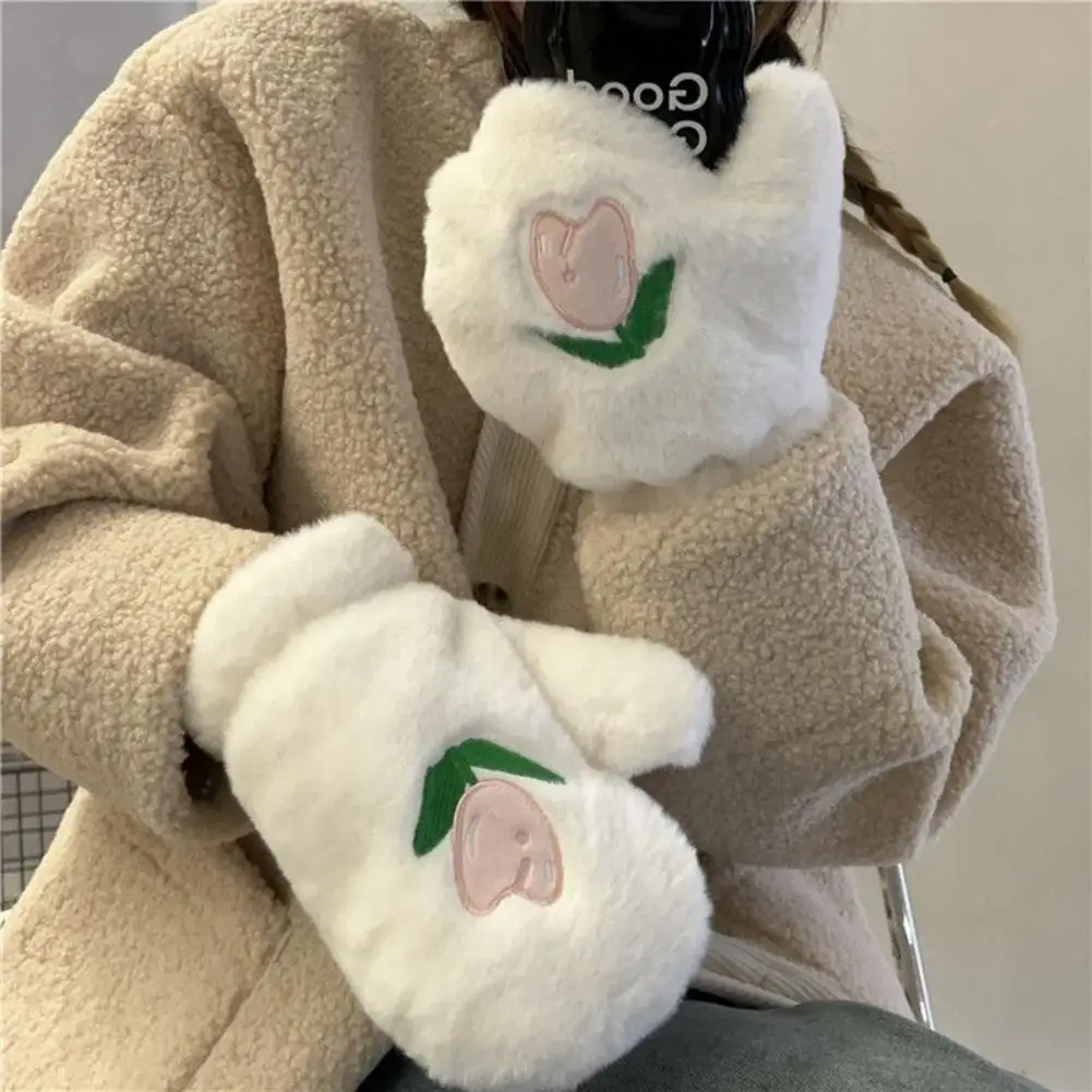 

Trendy Winter Gloves Warm Plush Gloves Embroidered Tulip Design Windproof Velvet Lined Ideal for Outdoor Riding Students