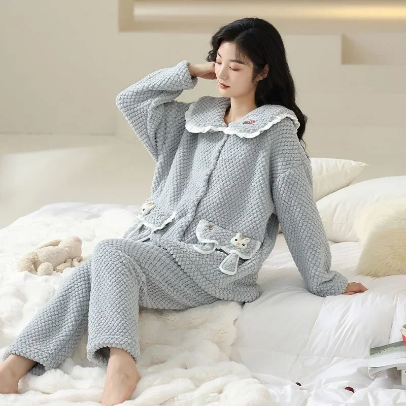 

Women Warm Winter Pajamas Princess Style Lace Sleepwear Thick Plush Fashion Loungewear Loose Fitting Large Size Home Clothes