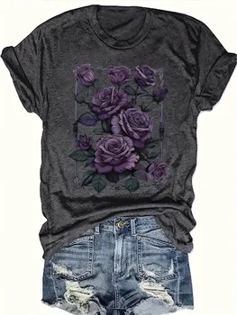 Dark Purple Roses Women's Tee - Gothic Floral Graphic, Casual Vintage Top 1
