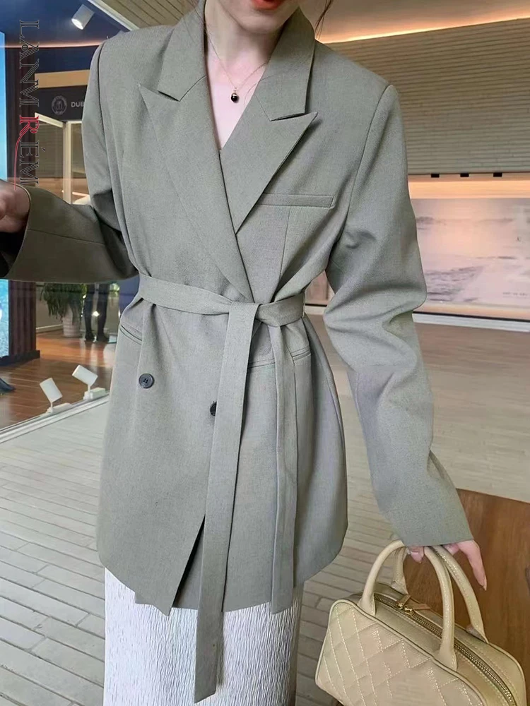 

LANMREM Lace-up Gathered Waist Blazers For Women Solid Double Breasted Office Lady Fit Coats Fashion 2024 Spring New 26D8889