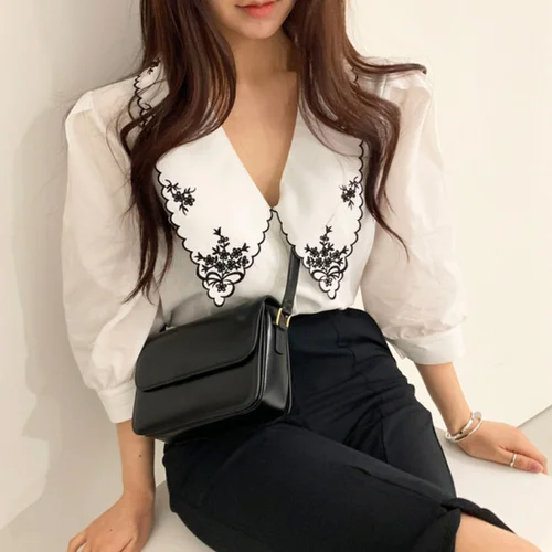 우아한 흰색 꽃 자수 여성 셔츠, 빈티지 블라우스, 한국 시크 퍼프 슬리브, 블라우스 의류, 상의 14223, 2023 4