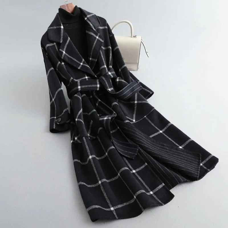 

New Women's Plaid Double-Sided Woolen Coat Autumn Winter Long Parker Overcoat Female Korean Woolen Jacket Casual Trench Coats