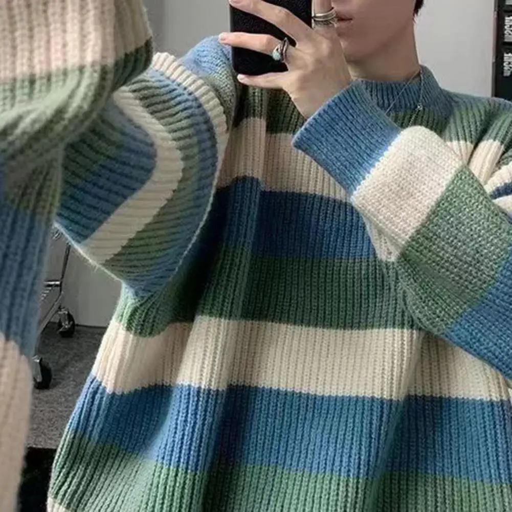 

Casual Striped Knitwear Men's Striped Colorblock Knitted Sweater Thick Warm O Neck Pullover for Fall Winter Soft Long Sleeve