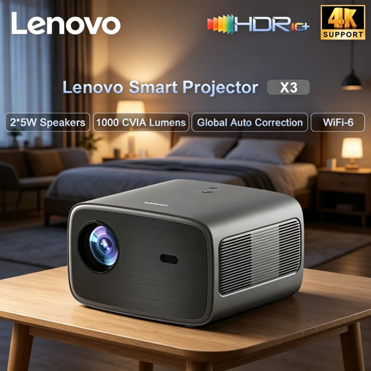 레노버 X3 4K 프로젝터 1000CVIA 밝기 HDR 10 디코딩 풀 HD Wifi..